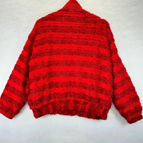 Vtg Ugly Sweater Red Bomber Jacket Full Zip Christmas Fluffy Cozy Oversized Sz L - Picture 2 of 10